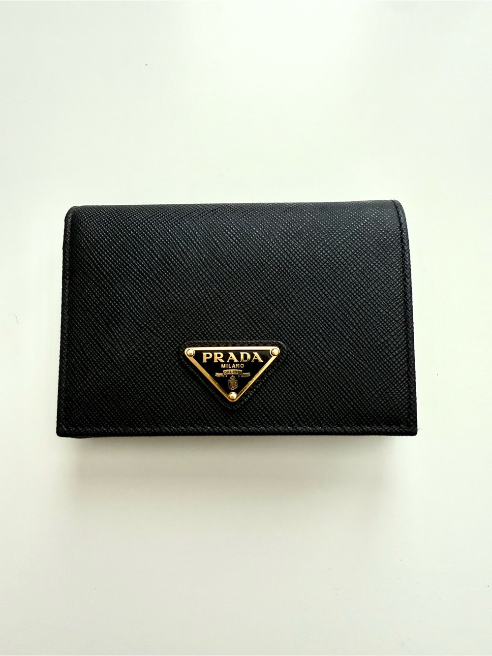 Prada Black Saffiano Leather Compact Wallet with Gold Triangle Logo